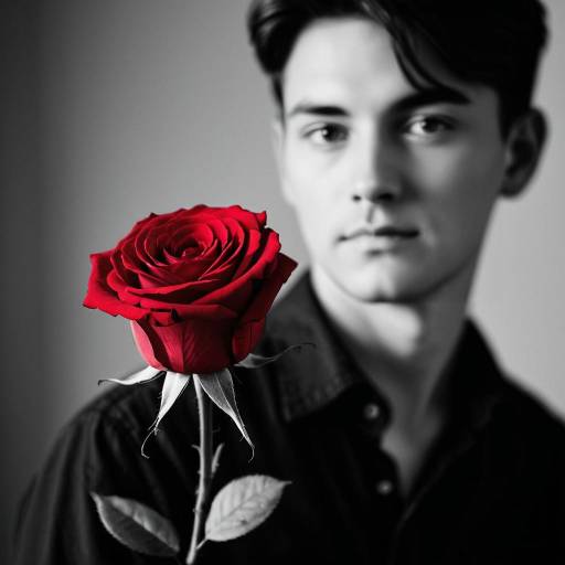 Young Man with Red Rose in Monochrome Portrait