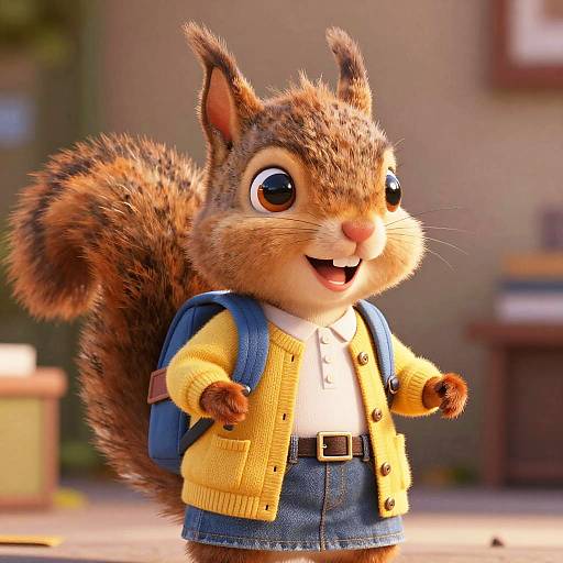 CGI image of an adorable, anthropomorphic squirrel with big eyes, wearing a yellow cardigan, white shirt, denim shorts, and blue backpack,