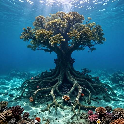 Photograph of an underwater scene featuring a large, tree-like coral with extensive, winding roots, surrounded by vibrant coral reefs and sunlight filtering from above.