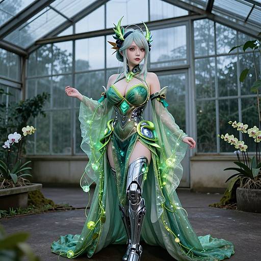 Digital artwork of a fair-skinned, green-haired woman in a glowing, green, and silver fantasy dress with horned headpiece, standing in a