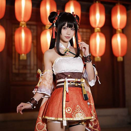 Photograph of an Asian cosplayer with black hair in double buns, wearing a white and red traditional Chinese outfit with gold accents, surrounded by glowing