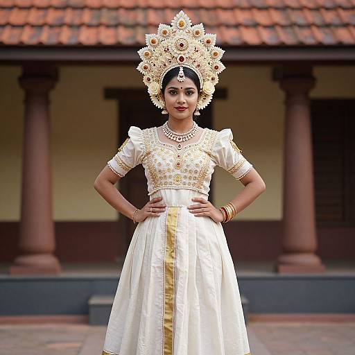 Photograph of a South Asian woman in traditional white bridal attire with golden embroidery, ornate headdress, and jewelry, standing confidently in front of a