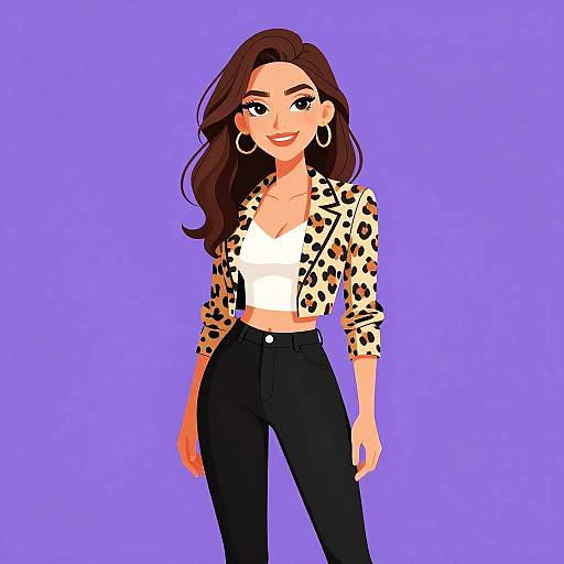 Digital illustration of a smiling woman with long brown hair, wearing a leopard print jacket, white crop top, and black high-waisted pants, against