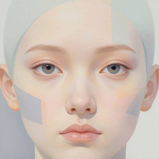 Digital portrait of a bald, fair-skinned, blue-eyed person with light blue geometric patterns on cheeks, lips slightly parted, white background.