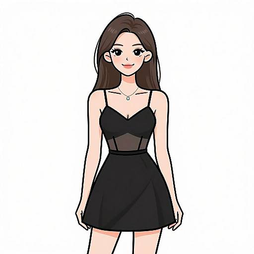 Digital anime-style drawing of a smiling young woman with long brown hair, wearing a black spaghetti-strap dress with sheer lace, standing against a white background