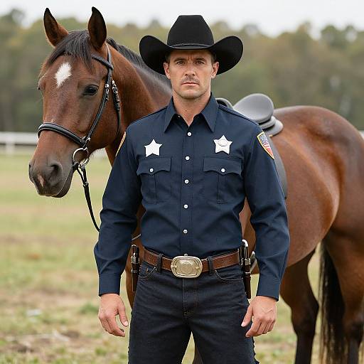 Photograph of a serious male cowboy in black uniform and hat standing beside a brown horse with a white blaze, outdoors on a grassy field.
