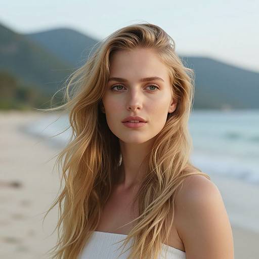 Photograph of a blonde woman with wavy hair, wearing a white strapless top, standing on a beach with mountains in the background, ocean to