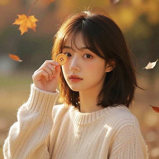 Photograph of an Asian woman with shoulder-length brown hair, wearing a cream knit sweater, holding a caramel lollipop to her eye, surrounded by autumn