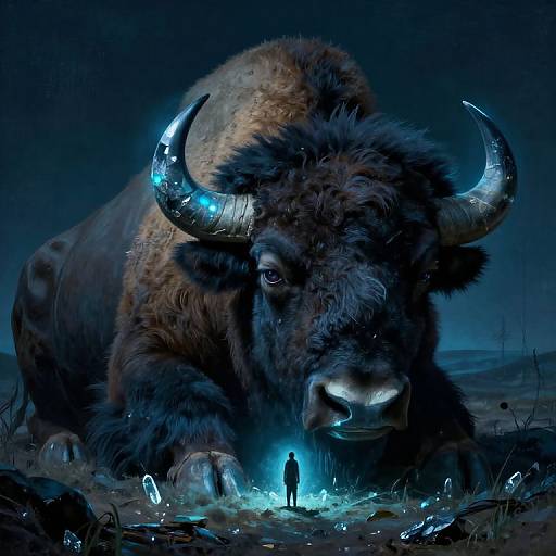 Digital artwork of a giant, glowing blue-horned bison looming over a tiny human standing in front, illuminated by bioluminescent light,