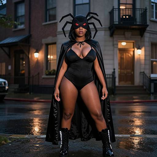 Photograph of a dark-skinned woman in black spider-themed costume with red eyes, black cape, high-cut leotard, boots, standing on