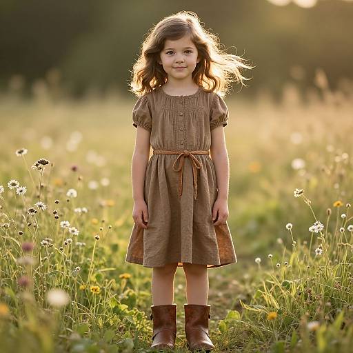 Photograph of a young girl with wavy brown hair, wearing a brown dress and brown boots, standing in a sunlit meadow with wildflowers