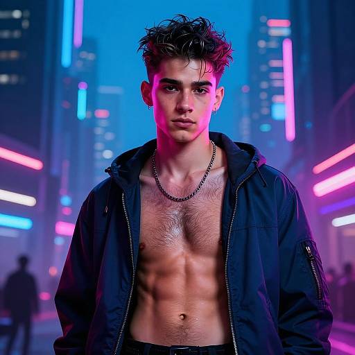 Photorealistic digital art of a muscular, shirtless young man with dark, tousled hair, wearing a black jacket and chain necklace, standing in