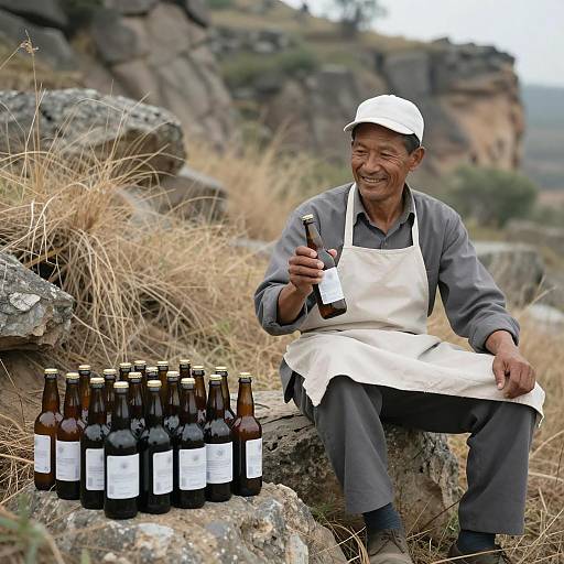 Man in Gray Uniform with Bottles