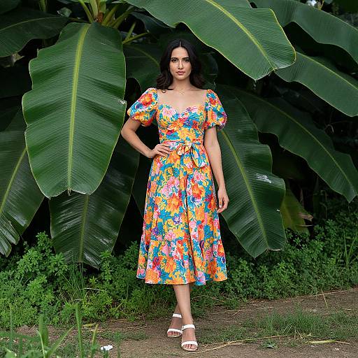 Photograph of a young woman with dark hair, wearing a colorful floral dress, standing in front of large green banana leaves, with white sandals, against