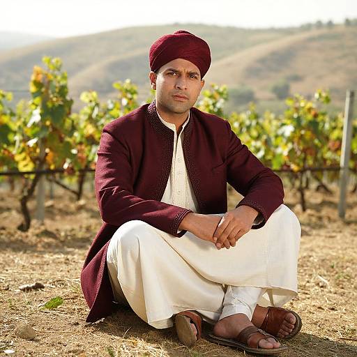 Photograph of a serious Middle Eastern man in maroon cap, dark jacket, white pants, and sandals, sitting in a vineyard.