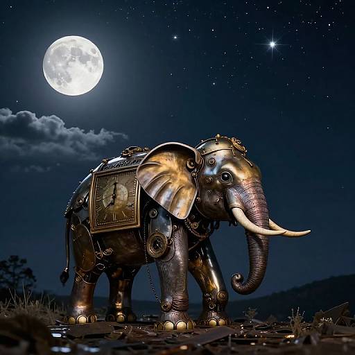 Photograph of a metallic, steampunk-style elephant with a clock on its side, standing under a full moonlit, starry night sky.