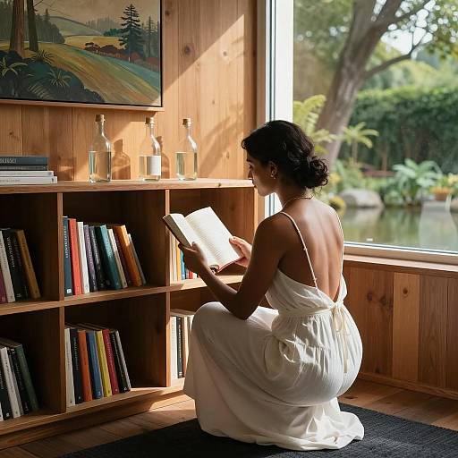 Introspective Woman in Cozy Library Setting