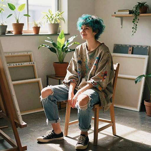 Teal Undercut Artist in Sunlit Studio