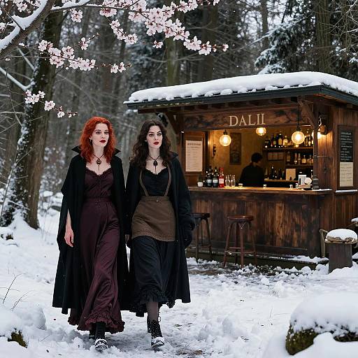 Two Women in Vintage Gothic Attire Walking in Snowy Forest