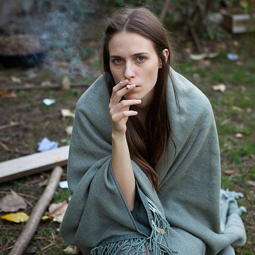 Photograph of a pale-skinned, blue-eyed woman with long brown hair, smoking a cigarette, wrapped in a green blanket, sitting on grass,