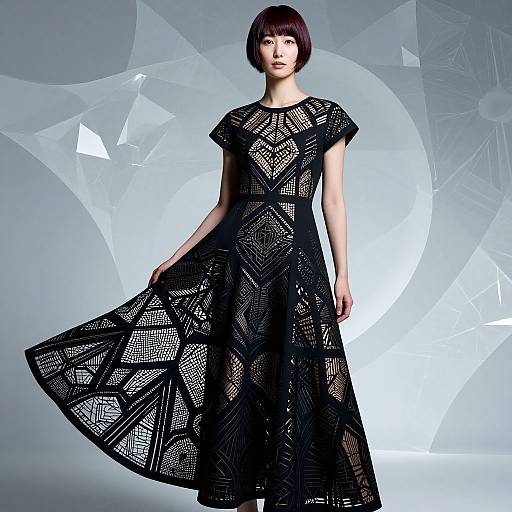 Photograph of a young Asian woman with short black bob, wearing a black, geometric-patterned lace dress, standing against a geometric, grey-white background