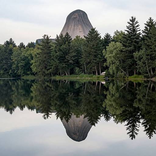 Photograph of a calm lake reflecting a forested area and a distinctive, conical, wooden structure with dark, textured bark.
