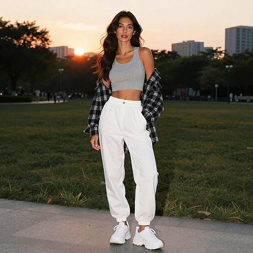 Photograph of a woman with long dark hair, wearing a grey crop top, white high-waisted pants, and white sneakers, standing in a