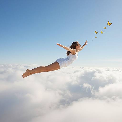 Photograph of a woman with long dark hair, wearing a white tank top and shorts, flying above clouds, chasing five butterflies.