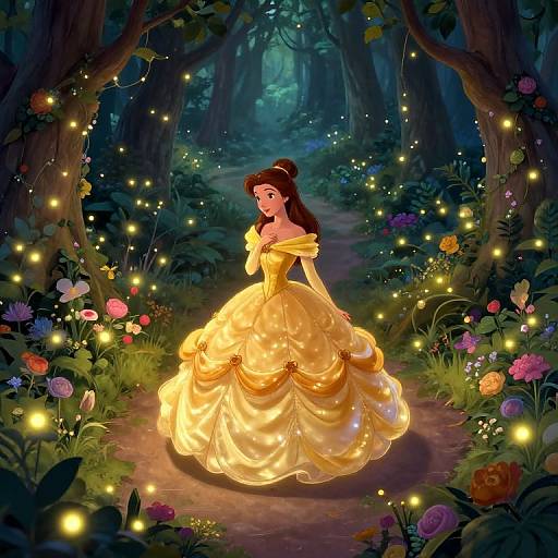 Digital illustration of Belle from Beauty and the Beast in a glowing yellow ball gown, surrounded by enchanted forest, glowing fireflies, and vibrant flowers.