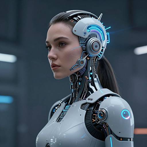 Photorealistic CGI of a cybernetic woman with sleek, white robotic armor, glowing blue circuits, and a futuristic headset, against a dark,