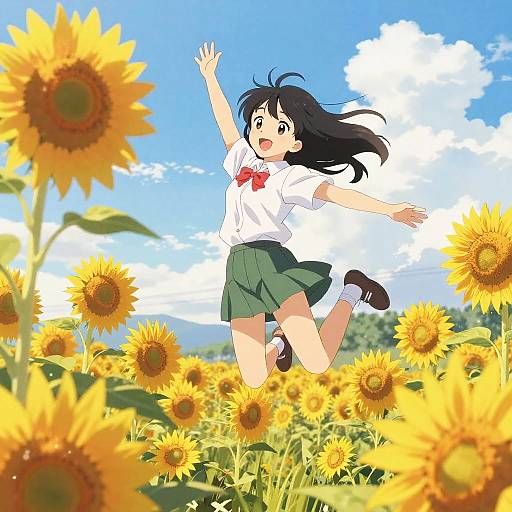 Anime Girl Joyfully Jumping in Sunflowers