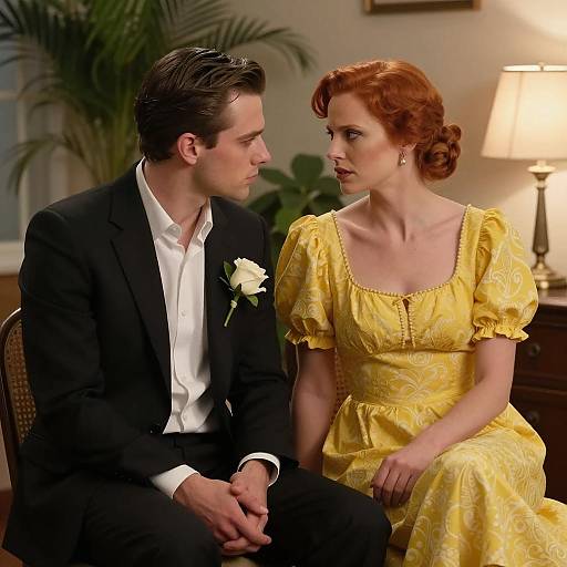 Couple in Formal Attire Engaged in Intense Conversation