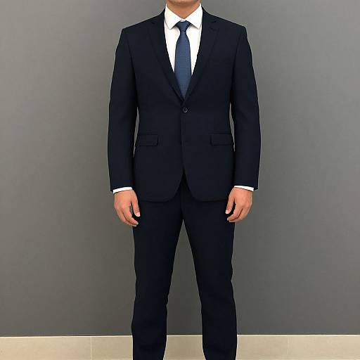 Photograph of a man in a black suit, white shirt, and black tie, standing against a plain gray background.