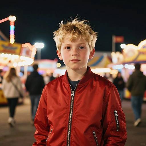 Photograph of a young boy with blonde, messy hair, wearing a red jacket, standing in a brightly lit, nighttime carnival.