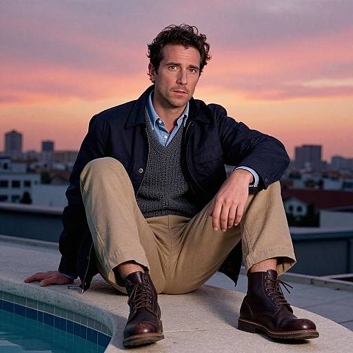 Photograph of a curly-haired man in a black jacket, blue shirt, gray sweater, beige pants, and brown boots, sitting on a rooftop edge