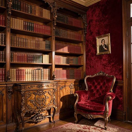Photograph of a luxurious, wood-paneled library with ornate bookshelves, a red velvet armchair, and a framed portrait on a rich