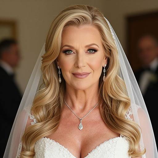 Photograph of a blonde, middle-aged woman with wavy hair, wearing a white lace wedding dress, veil, and diamond necklace, smiling confidently.