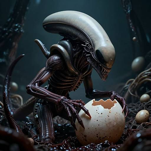 Digital artwork of a shiny, black, alien creature with a long head, cracking open a speckled egg in a dark, eerie forest.