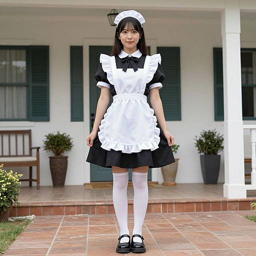 Photograph of an Asian woman in a traditional black and white French maid outfit, standing on a tiled porch with potted plants and green shutters in