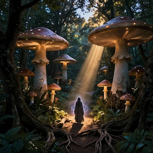 Digital fantasy artwork of a cloaked figure standing in a sunlit forest, surrounded by towering, glowing mushrooms with red caps.