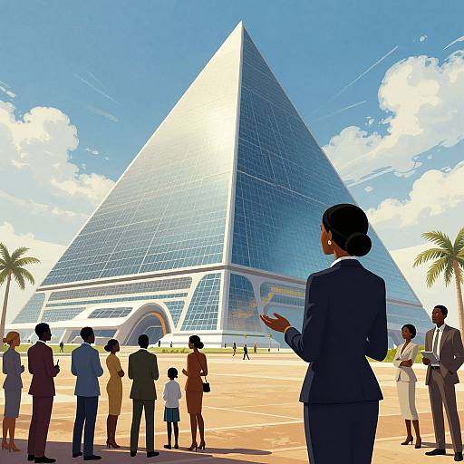 Digital illustration of a group of diverse business professionals standing in front of a large, reflective glass pyramid under a bright blue sky.