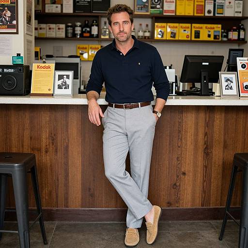 Photograph of a handsome, bearded man in a black shirt and light grey pants, leaning against a bar counter in a cozy café.