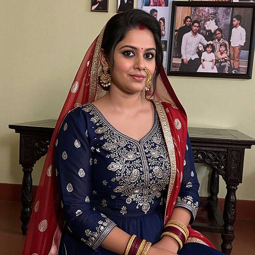 Indian woman in traditional navy blue saree with red and gold borders, ornate silver embroidery, gold jewelry, and bindi, seated against a green