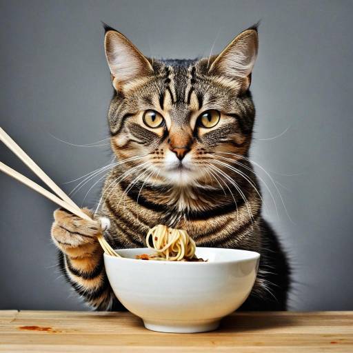 Cat Enjoying Noodles with a Spoon