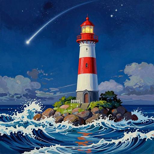 Vibrant Lighthouse Nightscape Painting
