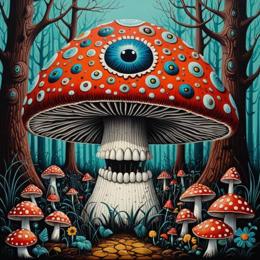 Surreal Mushroom with Human Teeth and Eyes