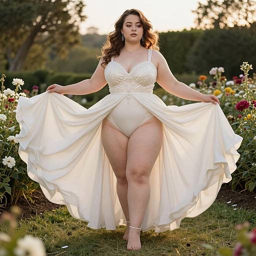 Photograph of a curvy, fair-skinned woman with wavy brown hair, wearing a white lace-trimmed wedding dress, holding its skirt