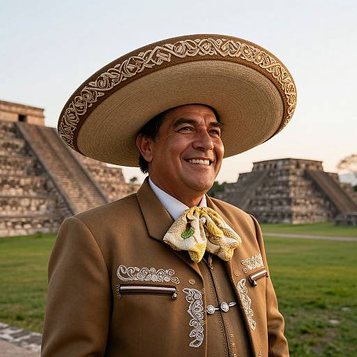 Photograph of a smiling Mexican man in a large, embroidered sombrero, brown jacket, and yellow bow tie, standing in front of ancient stone py