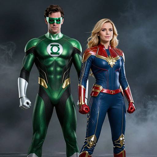 Photograph of a muscular man in a green, futuristic superhero suit with a glowing emblem, standing beside a blonde woman in a blue and red Wonder Woman