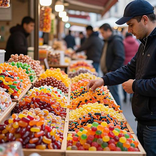 Photograph of a man in a black cap and jacket selecting colorful dried fruits at a vibrant market stall with blurred shoppers in the background.